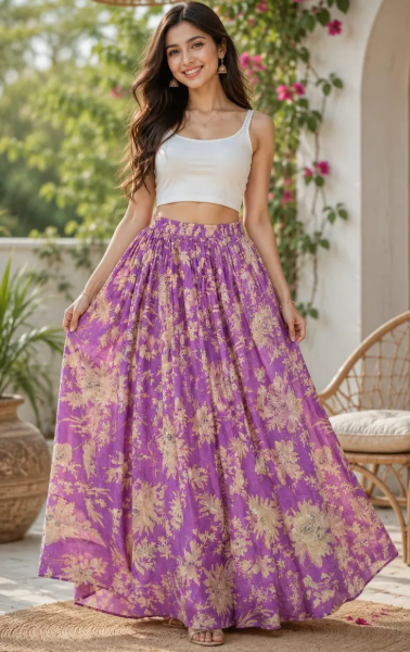 Purple Floral Cotton Midi Skirt | Handmade Boho A-Line Summer Skirt